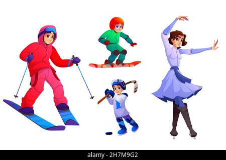 Personnes avec ski, snowboard, patins, bâton de hockey et palet.Ensemble de personnages de dessin animé vectoriel avec équipement de sport d'hiver pour la conduite sur neige et glace.Homme skieur, garçon snowboarder et femme patineuse Illustration de Vecteur