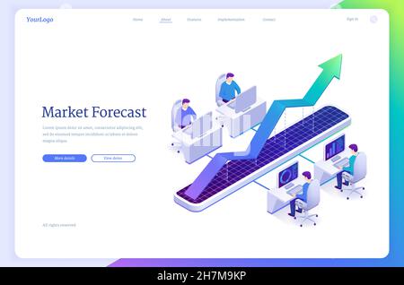 Page d'accueil isométrique des prévisions de marché.Les personnages des courtiers qui tentent de prédire l'économie des actions pour faire croître les bénéfices financiers.Prévision des tendances, concept de prévision d'entreprise.bannière web 3d vectorielle Illustration de Vecteur