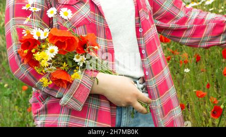 Une fille dans le champ recueille un bouquet de fleurs sauvages. La fille se tient contre le fond des fleurs sauvages et tient des coquelicots et des pâquerettes dans ses mains. Banque D'Images