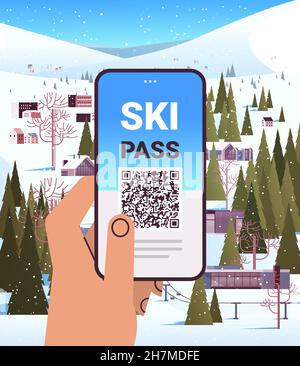 main humaine utilisant l'application de forfait de ski sur l'écran de smartphone hiver concept de vacances neige montagnes paysage Illustration de Vecteur