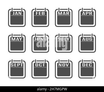 ensemble d'icônes de calendrier avec les noms des mois de l'année. Un calendrier à feuilles avec les noms des mois de l'année. Style plat. Illustration de Vecteur