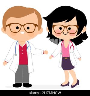 Médecins de dessins animés en manteaux blancs. Heureux professionnels de la santé masculins et féminins à l'hôpital. Banque D'Images