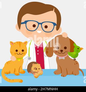 Illustration d'un médecin vétérinaire et d'animaux de compagnie.Un chat, un chien, un hamster et un oiseau. Banque D'Images