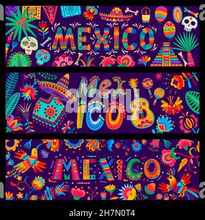 Bande dessinée mexicaine vecteur de vacances avec des crânes de sucre Day of the Dead, drapeaux en papier, sombrero et poncho motif.Guitare mexicaine, maracas et fleurs Illustration de Vecteur