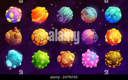 L'espace de la galaxie planètes et étoiles avec volcan, cratères de montagne, lave et surface de glace.Planètes vectorielles de fantaisie de dessin animé ou météorites astéroïdes en GA extraterrestre Illustration de Vecteur