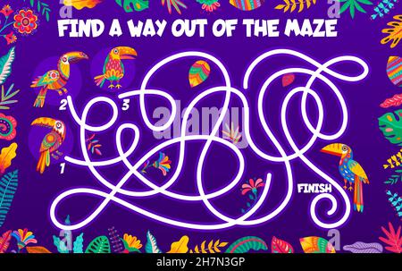Aidez les toucans à trouver le moyen de sortir du labyrinthe, jeu de labyrinthe pour enfants.Jeu de société vectoriel avec personnages représentant des oiseaux mexicains.Feuille de travail labyrinthe pour enfant Illustration de Vecteur