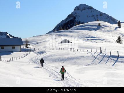 Excursion en raquettes dans le paysage de montagne de la région viticole par temps fantastique, Alm de Feichtenstein, vue sur le Gennerhorn, Hintersee, Salzbourg, Autriche Banque D'Images