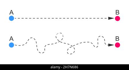 Lignes droites et pointillées, du début à la fin.Plan A et B, attente et réalité, concept idéal et réel isolé sur fond blanc.Illustration graphique vectorielle. Illustration de Vecteur