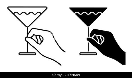Icône linéaire.Femme tenant main verre avec martini.Cocktails, boissons alcoolisées, menu de café, restaurant.Simple vecteur noir et blanc isolé Illustration de Vecteur