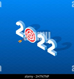 Image de la nouvelle année 2022 concept de réussite et objectifs de la nouvelle année.Une flèche atteint le centre de la cible. Banque D'Images