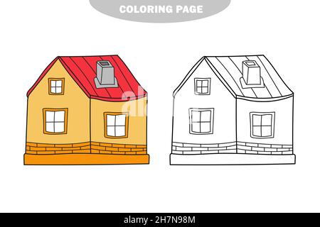 Page de coloriage simple.Illustration noire et blanche d'une maison.Vecteur sur blanc.Version couleur et noir et blanc Illustration de Vecteur