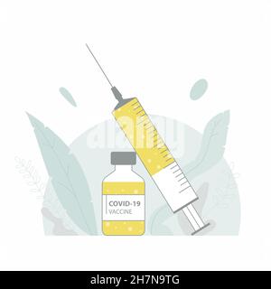 Flacon et seringue de vaccin.Arrière-plan avec feuilles.La couleur de l'année, l'espoir d'une vie normale.Restez en santé et faites-vous vacciner.Obtenez la grippe Vacc Illustration de Vecteur