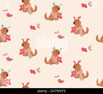Motif de Noël sans coutures avec chiens.Vecteur de style plat. Illustration de Vecteur