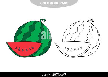 Page de coloriage simple.Illustration de pastèque noire et blanche isolée pour livre de coloriage pour enfants.Version couleur et noir et blanc Illustration de Vecteur