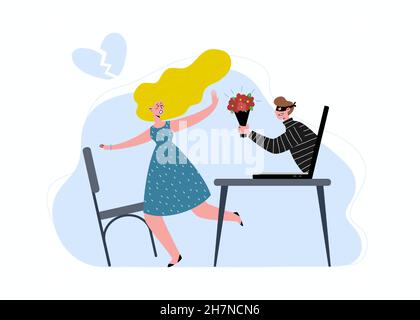 Escroquerie de rencontres sur Internet.La fille est irritée par la tromperie.L'homme est un voleur, un tricheur.Un homme tente de tromper une femme sur Internet.vec plat Illustration de Vecteur