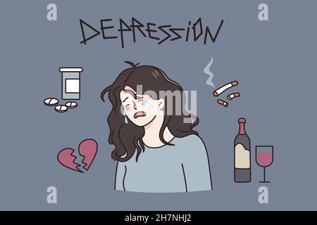 Concept de dépression et de toxicomanie en santé.Jeune femme dépressive avec coeur brisé pleurs au-dessus des drogues d'alcool et illustration de vecteur de cigarette Illustration de Vecteur