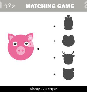 Jeu de correspondance d'ombres.Pink Cute Pig - Cartoon Vector Illustration du jeu de jumelage d'ombres pour l'éducation des enfants d'âge préscolaire Illustration de Vecteur