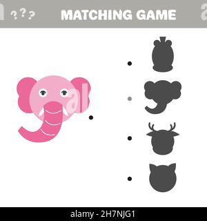 Jeu de correspondance d'ombres.Illustration vectorielle - éléphant rose.Jeu de jumelage d'ombres pour les enfants d'âge préscolaire Illustration de Vecteur
