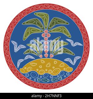 Illustration abstraite avec palmier sur une île tropicale dans l'océan.Objets colorés sur fond blanc. Illustration de Vecteur