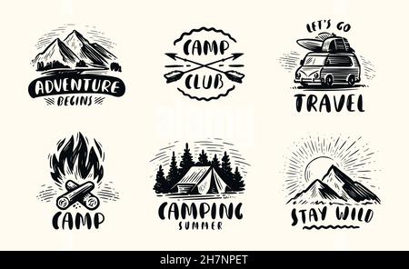 Ensemble de badges de camp d'été.Concept de voyage.Éléments typographiques vintage Illustration de Vecteur