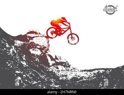 Vélo tout terrain, descente, freeride, illustration de sports extrêmes. Silhouette vectorielle. Saut de la colline sur le vélo Illustration de Vecteur