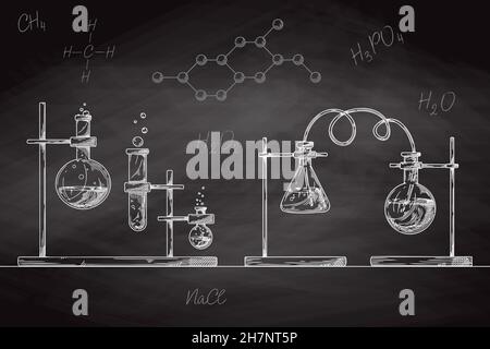 Esquisse d'objets de laboratoire chimique.Verrerie pour une expérience chimique sur un tableau à craie.Flacons pharmaceutiques vectoriels, béchers et tubes à essai.Dis Illustration de Vecteur