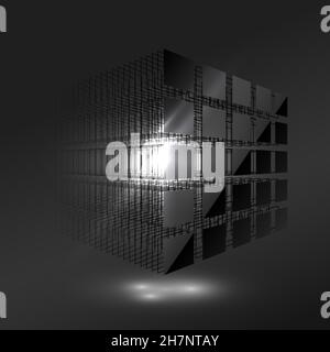 Cube noir foncé en petits morceaux. Concept de chaîne de blocs. Big Data. Stockage de données informatiques. Expérience technologique. Illustration de Vecteur