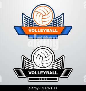 Modèle de logo de volley-ball avec balle volante sur le filet.Modèle de logo sport orange et bleu avec ballon volant. Illustration de Vecteur