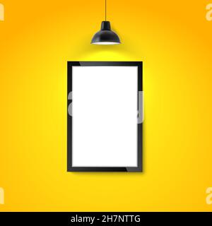 Cadre photo sur mur jaune avec lampe de suspension.Cadre photo ou modèle d'affiche vierge.Maquette de galerie d'art photo. Illustration de Vecteur