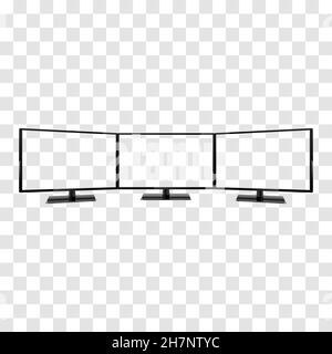 Three Computer Monitors Mockup isolated on transparent background. Triple monitor computer super wide screen device. Illustration de Vecteur