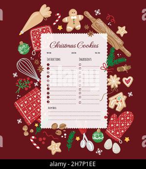 Modèle de recettes de Noël pour bannière, web design, brochure.fond rouge avec des ingrédients pour la cuisson de Noël et des éléments de design. Illustration de Vecteur