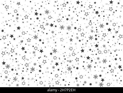 Texture de noël aléatoire pour l'arrière-plan.Étoiles noires tombant et flocons de neige isolés sur blanc. Illustration de Vecteur