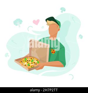 Livraison de pizza à votre maison.Le gars a apporté de la pizza et des légumes à la maison.Un forfait ouvert avec une pizza ronde. Illustration de Vecteur