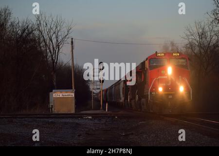 Elgin, Illinois, États-Unis. Une locomotive du chemin de fer national canadien dirige un train de marchandises en traversant les voies du chemin de fer canadien Pacifique. Banque D'Images