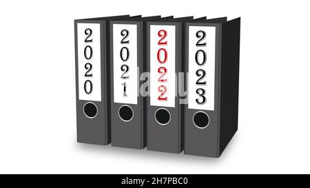 Changement d'année 2022 - dossier de fichiers dans une ligne triée par année ascendante isolée sur fond blanc - illustration 3D Banque D'Images