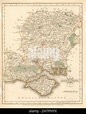 Carte du comté de Hampshire antique par JOHN CARY. Contour original de couleur, 1787 Banque D'Images