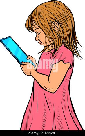 une petite fille utilise un smartphone.Gadgets électroniques et enfants.Isoler sur un fond blanc Illustration de Vecteur