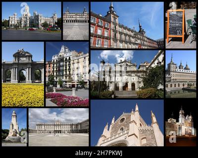 Madrid, Espagne photos de voyage collage. Le collage comprend des sites importants comme la Plaza Mayor, la place Cibeles, la cathédrale et le parc Retiro. Banque D'Images