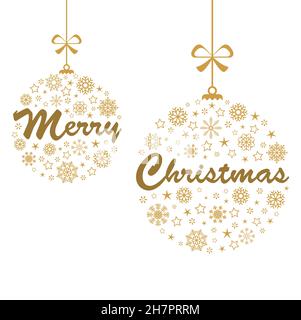 Boules suspendues de couleur or avec différentes icônes abstraites de flocon de neige pour les concepts de Noël et d'hiver, Joyeux Noël message de bienvenue dans deux bau Illustration de Vecteur