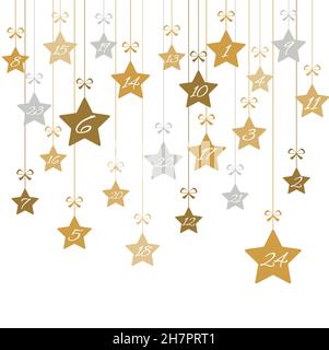 suspension des étoiles de noël couleur or avec les numéros 1 à 24 montrant le calendrier de l'avent pour les concepts de noël et d'hiver, fond blanc Illustration de Vecteur