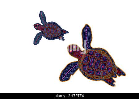 Tortue isolée sur fond blanc. Australie peinture à points de lézard aborigène. Illustration aborigène stylisée couleur tortue.style ethnique.vecteur de stock Illustration de Vecteur