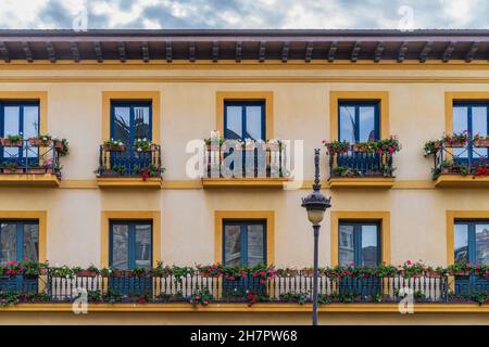 Bâtiment aux plantes colorées sur les balcons de la ville de Leon en Espagne Banque D'Images
