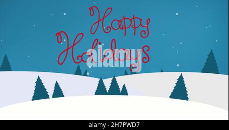 Image composite numérique du texte Happy Holidays sur un paysage enneigé avec des arbres contre le ciel nocturne Banque D'Images