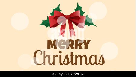 Image composite numérique du texte joyeux noël sous les feuilles et ruban rouge sur fond rose Banque D'Images