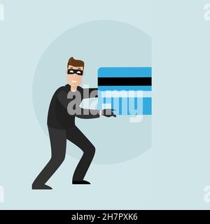 Un escroc extrait les informations bancaires de la carte de crédit d'un téléphone.Un voleur a volé une carte de crédit, a eu accès à un compte bancaire. Illustration de Vecteur