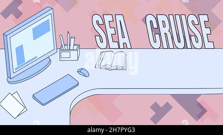 Légende conceptuelle Sea Cruise.Présentation d'affaires un voyage à bord d'un bateau ou d'un bateau pris pour le plaisir ou comme bureau de vacances avec porte-stylo d'ordinateur Banque D'Images