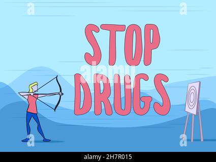 Légende du texte présentant les Stop Drugs.Vitrine d'affaires mettre fin à la dépendance à l'égard de substances telles que l'héroïne ou la cocaïne Lady Archer Illustration Banque D'Images