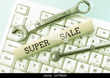 Légende conceptuelle Super sale.Mot écrit sur offrir des remises exceptionnelles sur des produits et services sélectionnés formatage et compilation de données en ligne Banque D'Images