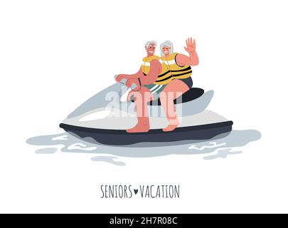 Vieux caucasiens sur les vacances.Eldery personnes à cheval scooter d'eau ski.Active concept de personnes âgées.heureux aînés sur Voyage ensemble.Vector plat illust Illustration de Vecteur