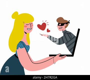 Une femme rencontre un homme sur Internet.L'homme est un triche et un voleur.Tricherie à travers les sites de rencontres. Illustration de Vecteur